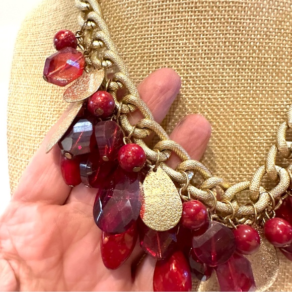 Necklace & Earring set- Brushed gold w/ multiple red acrylic beads - Picture 5 of 12